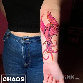 Tattoo Pink phoenix On the arm motif: fantasy style: graphic / illustrative