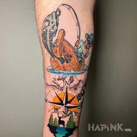 Tattoo Fishing tattoo On the arm motif: colorful style: graphic / illustrative