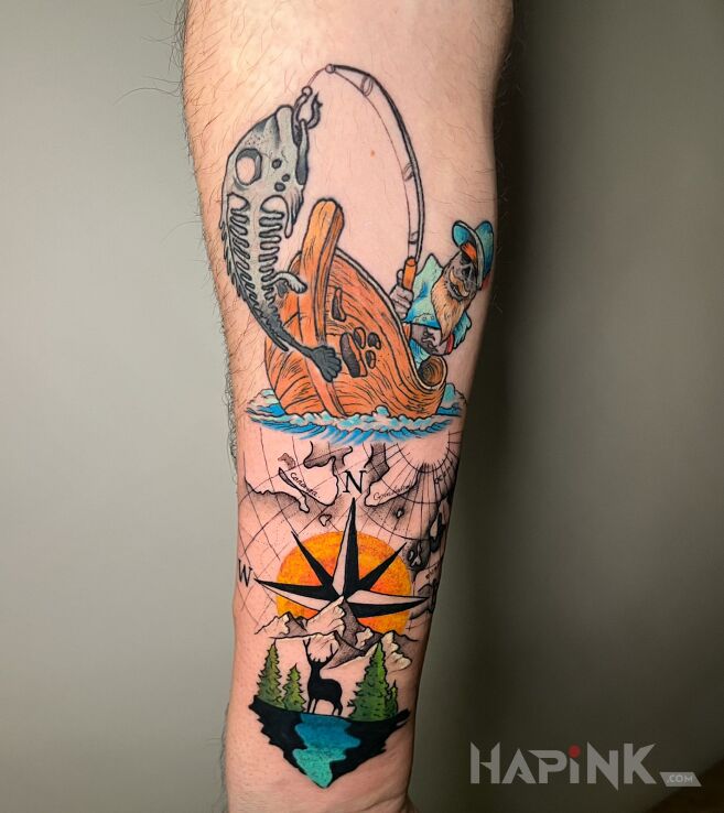 Tattoo Tatuaż wędkarski in colorful motif and graphic / illustrative style on the forearm