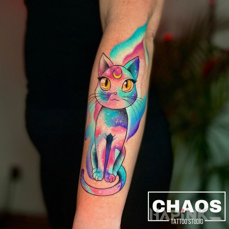 Tattoo Kot Czarodziejka z Księżyca in colorful motif and graphic / illustrative style On the arm