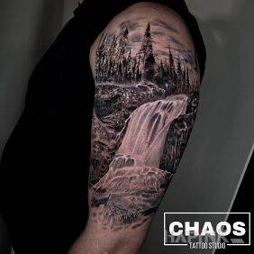 Tattoo Waterfall Landscape Realistic Black Tattoo Chaos Poznań On the arm motif: nature style: realistic