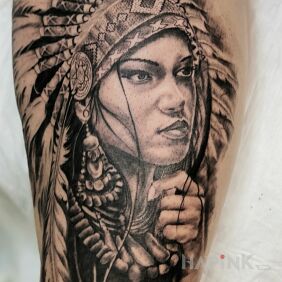 Tattoo Indian Woman on the leg motif: faces style: realistic