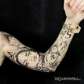 Tatuaż Rękaw dla kobiety na przedramieniu motyw: czarno-szare styl: chicano