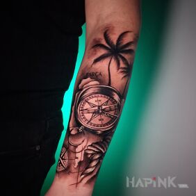 Tattoo Compass, map, palm trees on the forearm on the forearm motif: objects style: realistic