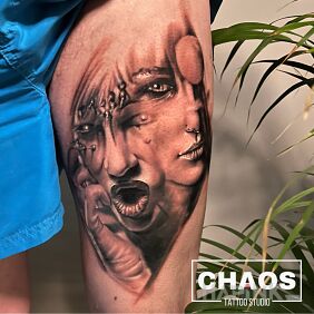 Tattoo Faces portrait Chaos Tattoo Poznań IronicznaKobra on the leg motif: faces style: realistic