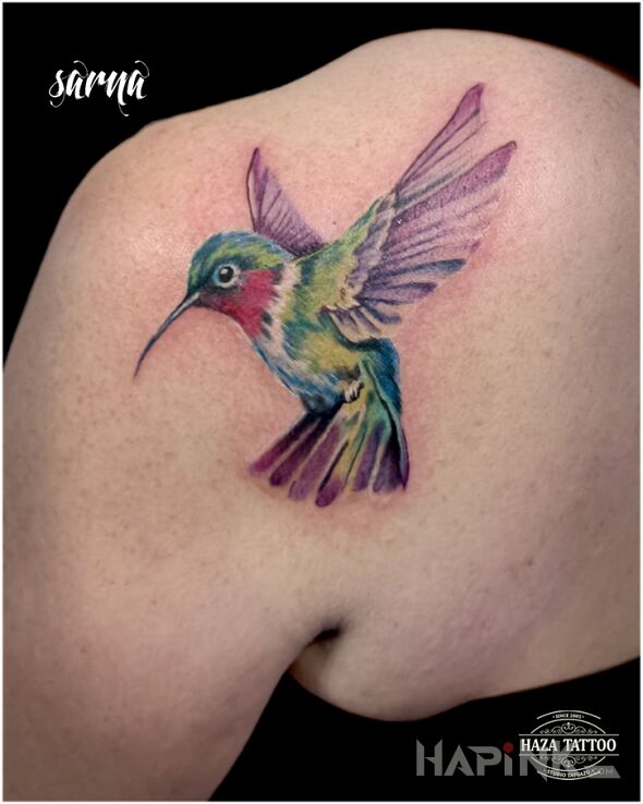 Tattoo Colorful bird tattoo in colorful motif and realistic style on the back