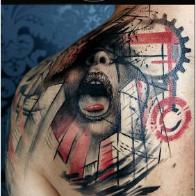 Tattoo Trash polka tattoo on the shoulder blades motif: colorful style: trash polka