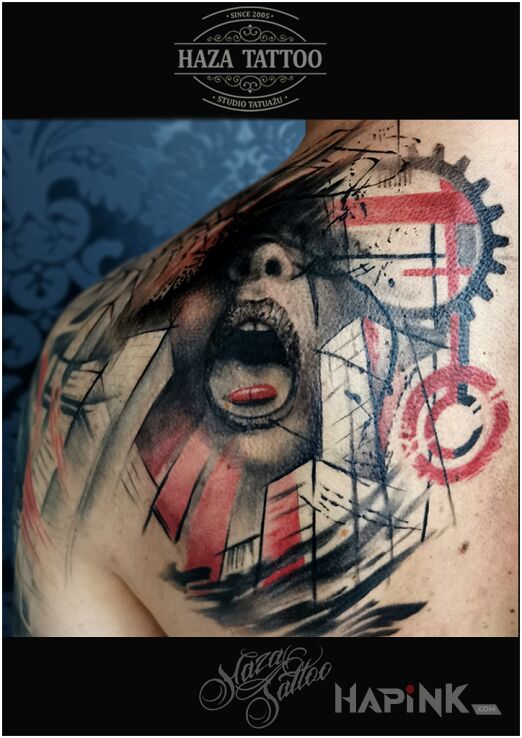 Tattoo Trash polka tattoo in faces motif and trash polka style on the shoulder blades