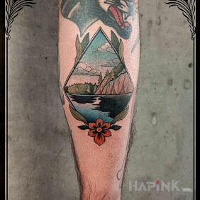 Tattoo Scenery on the leg motif: flowers style: neo-traditional