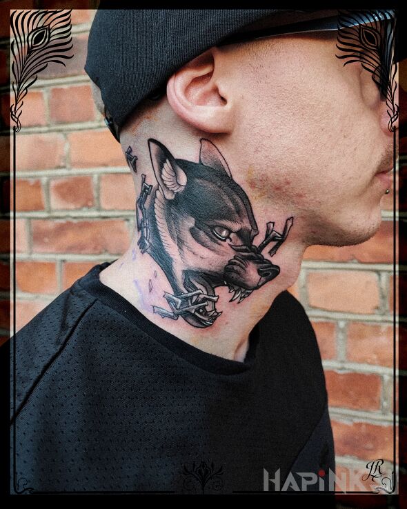 Tattoo Fenrir in fantasy motif and graphic / illustrative style on the neck