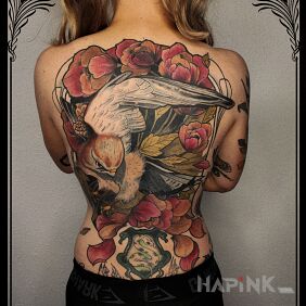 Tattoo Healed back \ regression on the back motif: animals style: neo-traditional