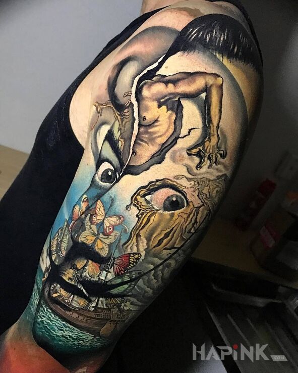 Tattoo Salvador Dali in characters motif on the upper arm
