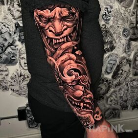 Tattoo Chinese demon on the forearm motif: sleeves style: japanese / irezumi