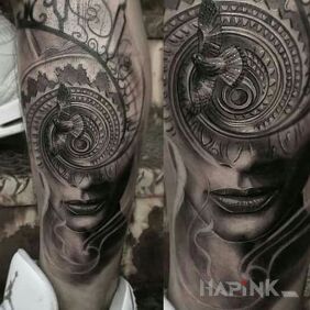 Tattoo Vortex on the calf motif: faces