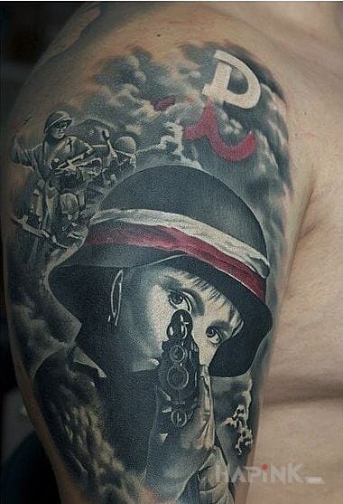 Tattoo Powstaniec in 3D motif and realistic style on the upper arm