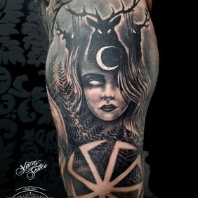 Tattoo Moon goddess tattoo On the arm motif: floral style: realistic