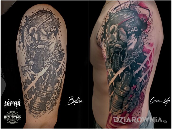 Tatuaż motor trash polka cover tatuaż w motywie cover up i stylu realistyczne na ręce