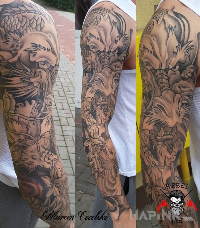 Tattoo Smok in dragons motif and japanese / irezumi style on the forearm