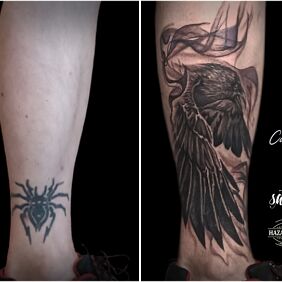 Tattoo Raven cover tattoo on the calf motif: cover-up style: realistic