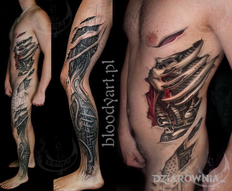 Tatuaż biomech cover-up w motywie cover up i stylu realistyczne na biodrze