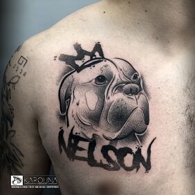 Tattoo Pet Portrait on the chest motif: lettering style: dotwork