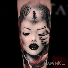 Tattoo Portrait of a woman on the forearm motif: faces style: realistic