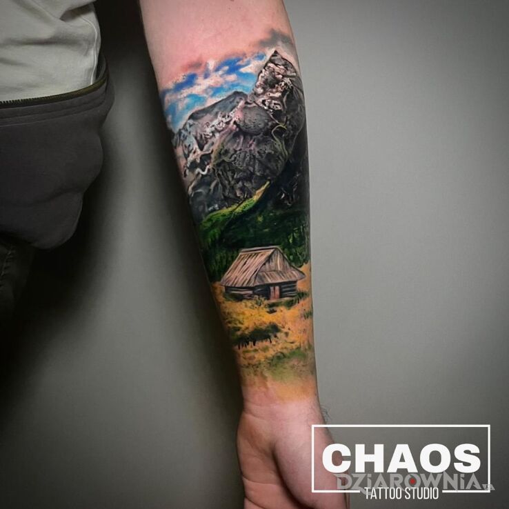 Tatuaż wyjechać w bieszczady ironicznakobra chaos tattoo poznań w motywie rękawy i stylu realistyczne na przedramieniu