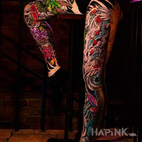 Tattoo Japanese leg sleeves on the thigh motif: colorful style: japanese / irezumi