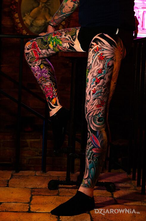 Tatuaż nogawki japonskie w motywie kolorowe i stylu japońskie / irezumi na kolanie