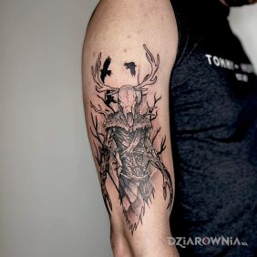 Tatuaż Leszy, wiedźmin na ręce motyw: czarno-szare styl: graficzne / ilustracyjne