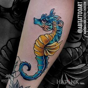 Tattoo Seahorse on the calf motif: animals style: neo-traditional