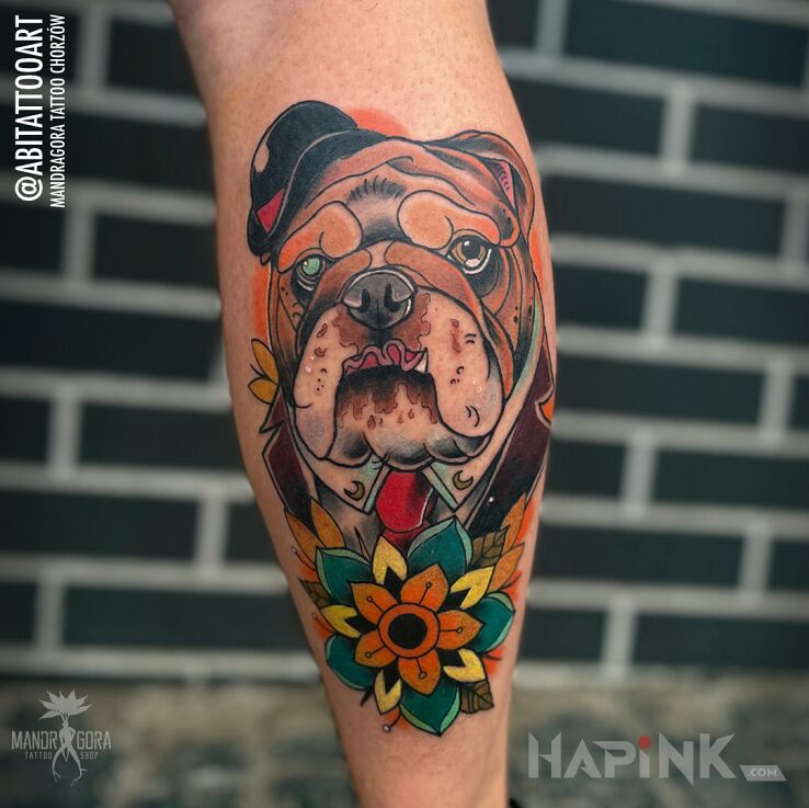 Tattoo Bulldog in colorful motif and neo-traditional style on the calf