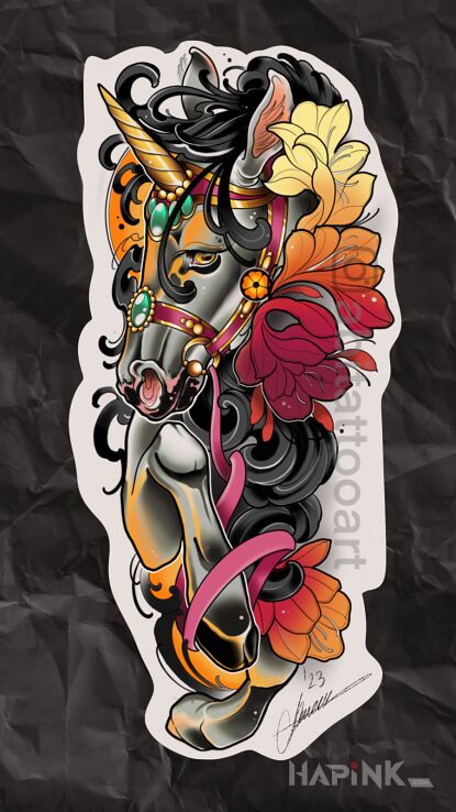 Designs czarny jednorożec - neo-traditional