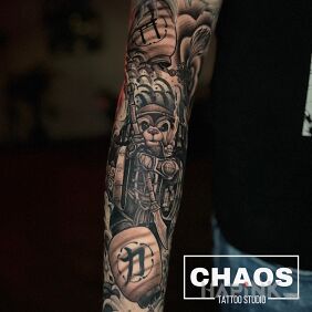 Tattoo Japanese Panda on the forearm motif: black and gray style: graphic / illustrative