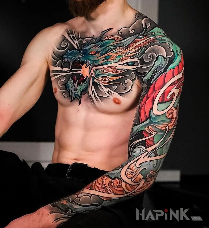 Tattoo Potężny smok in sleeves motif and neo-traditional style on the forearm