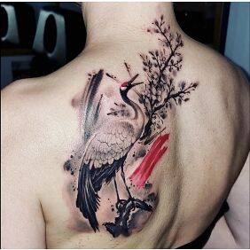 Tattoo Nature on the back motif: colorful style: realistic
