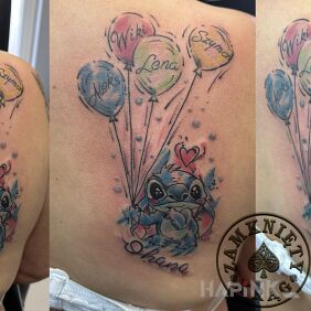 Tattoo Watercolor stitch and children's names on the back motif: colorful style: graphic / illustrative