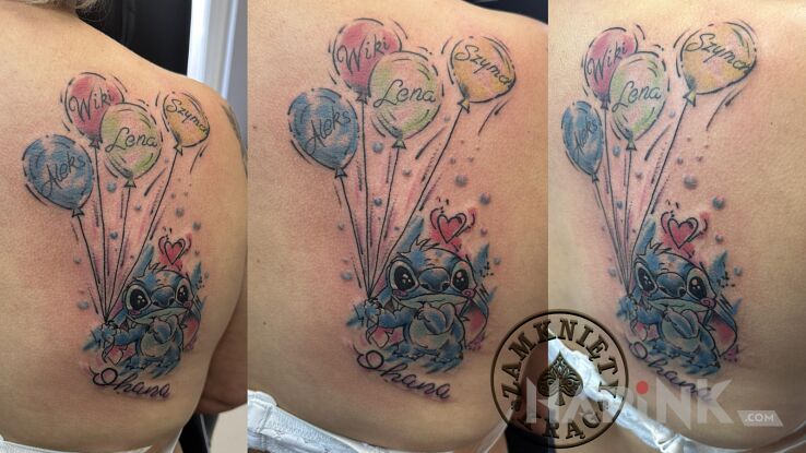 Tattoo Akwarelowy stich i imiona dzieci in lettering motif and graphic / illustrative style on the shoulder blades