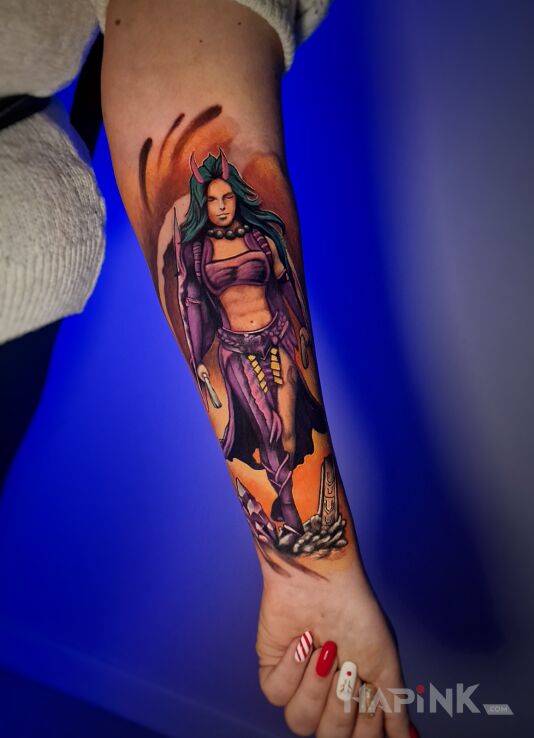 Tattoo Dota 2 in characters motif and graphic / illustrative style on the forearm
