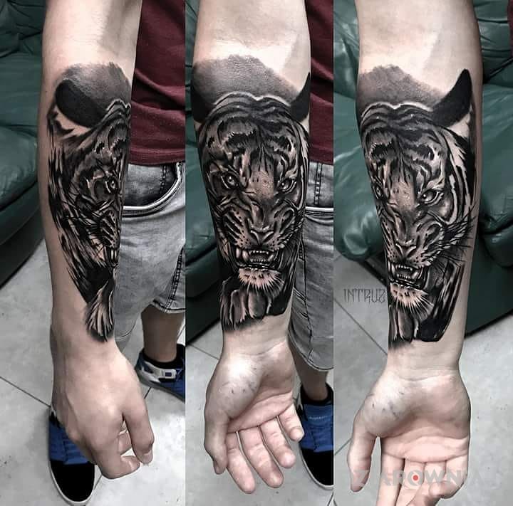Tatuaż kici kici w motywie 3D i stylu realistyczne na przedramieniu