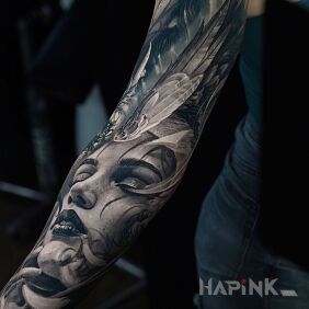 Tattoo Witch portrait On the arm motif: faces style: realistic