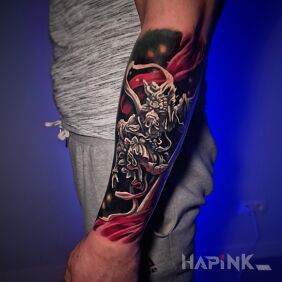 Tattoo Dota 2 on the forearm motif: colorful style: abstract