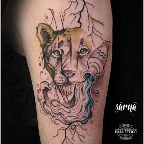 Tattoo Lioness tattoo On the arm motif: zodiac signs style: graphic / illustrative