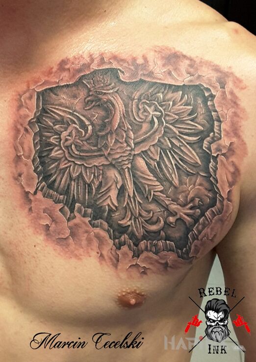 Tattoo Polska in 3D motif on the chest