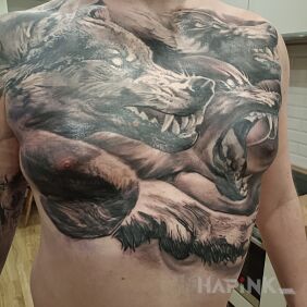 Tattoo Finished chest on the chest motif: animals style: realistic
