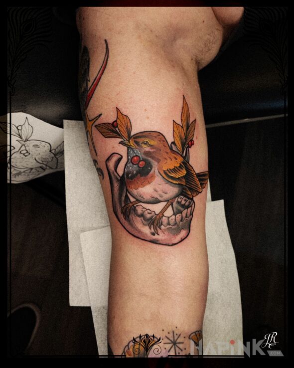 Tattoo Ptachoczacha in colorful motif on the bicep