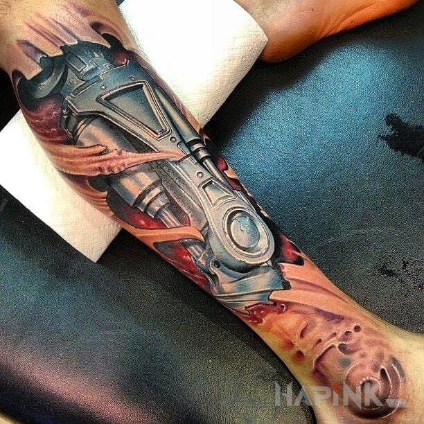 Tattoo Mechanika in 3D motif and realistic style on the calf