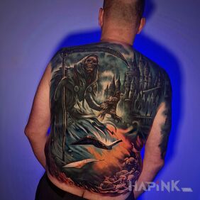 Tattoo Cover-up of an old tattoo, full back, skulls, death, dark themes on the back motif: colorful style: realistic
