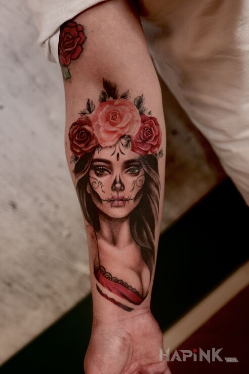 Tattoo La Catrina! in faces motif and realistic style on the forearm