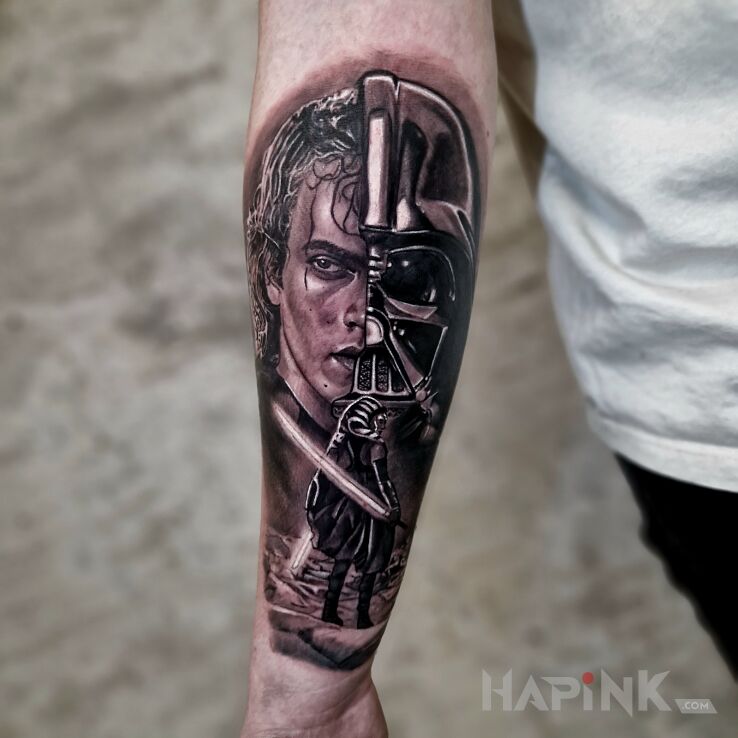 Tattoo Niech Moc będzie z Tobą! in science fiction motif and realistic style On the arm